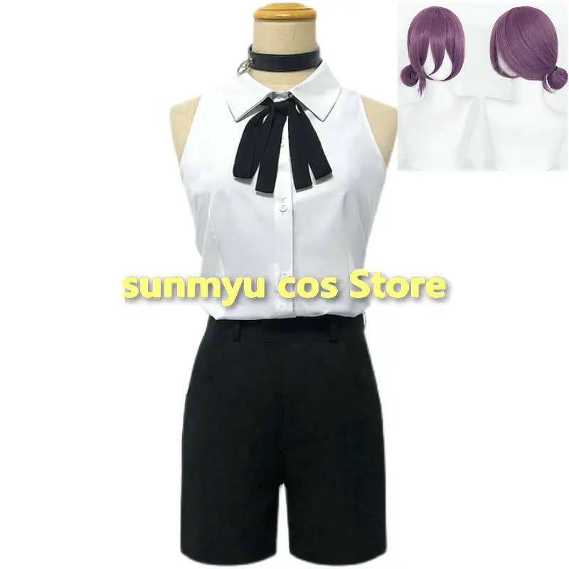 

Chainsaw Man Reze Cosplay Costume White Shirt Black Pants Shorts Purple Wig