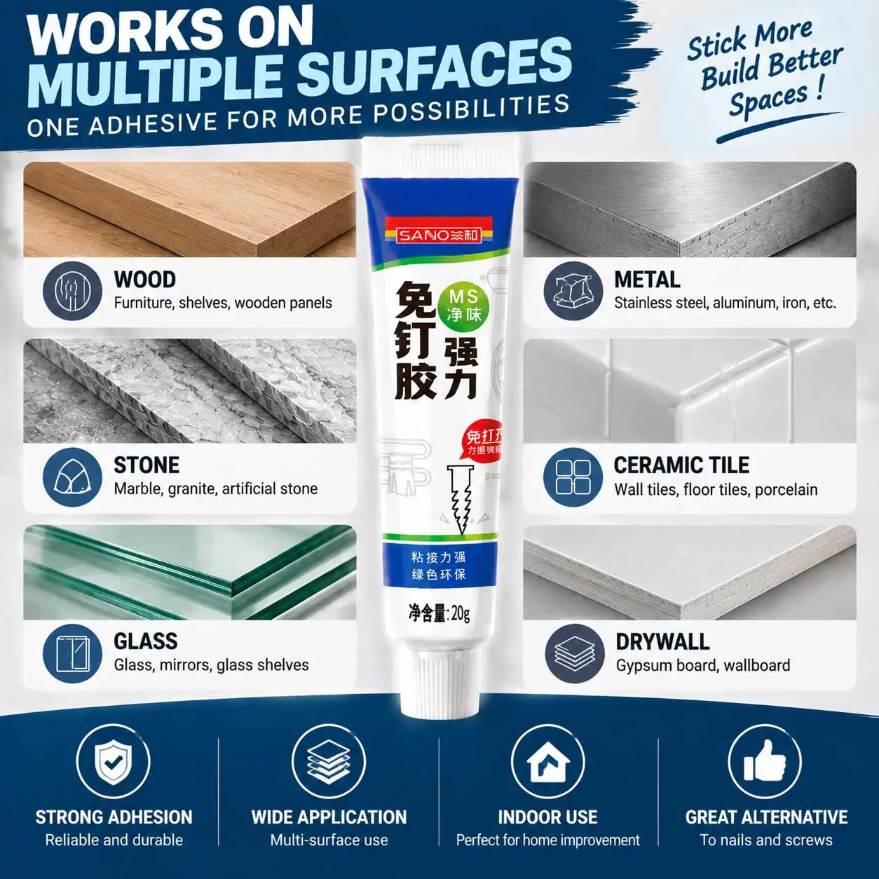 No More Nails Adhesive Heavy Duty Solvent Free Fast Curing Glue Wall Shelf Mounting Wood Metal Glass Ceramic