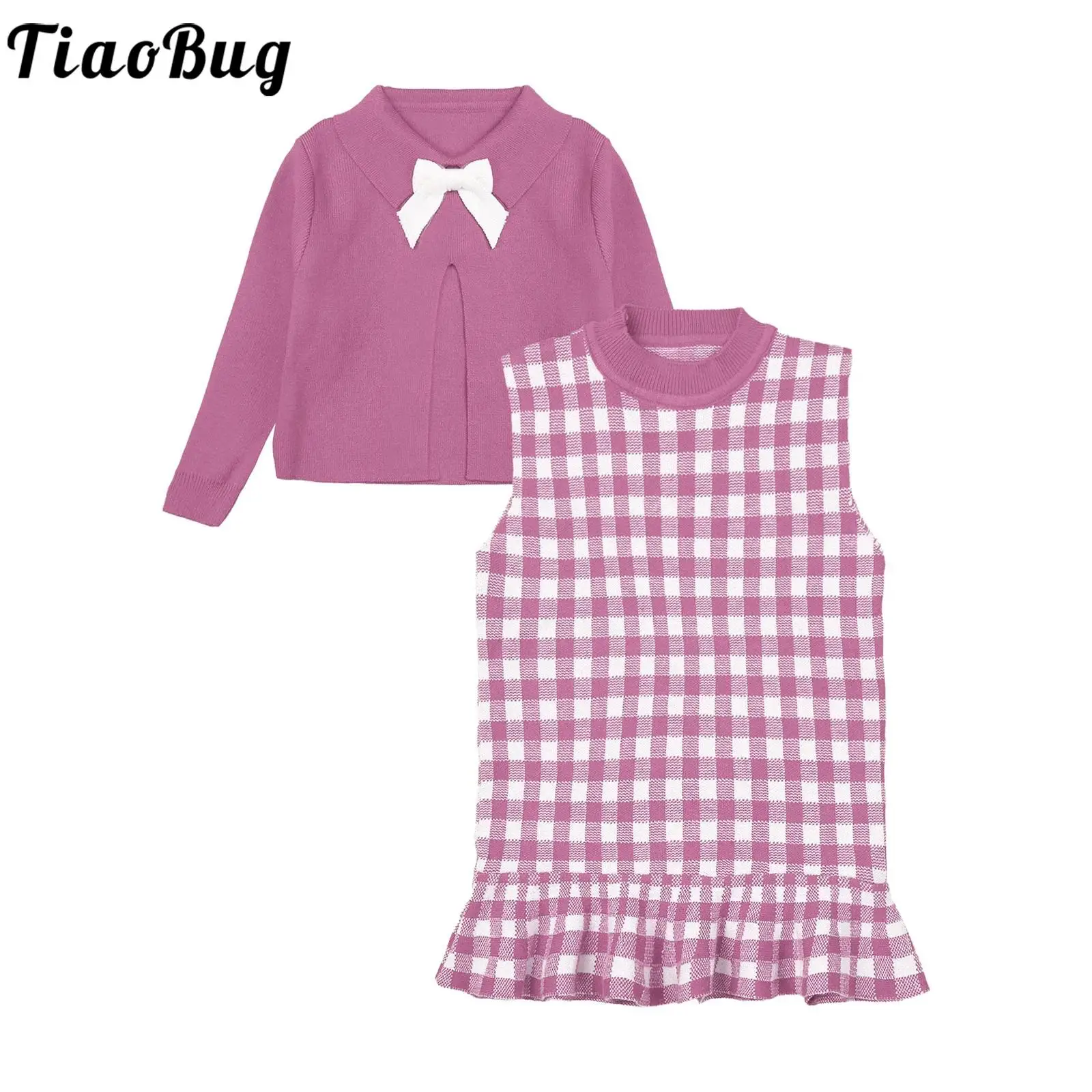 

Toddler Girls Cute Fall Clothes Sleeveless Plaid Ruffle Fish Tail Dress with Long Sleeve Bowknot Cardigan Cape for Holiday Party