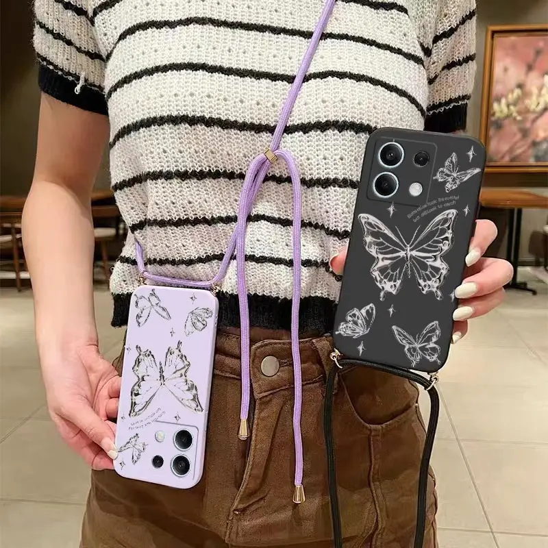 جراب هاتف سيليكون بحبل فراشة فضي ، غطاء لهاتف شاومي ريدمي نوت 13 ، 13R ، 13Pro ، 11T ، 12Pro ، 13Pro Plus ، 11S ، 12S ، 10S