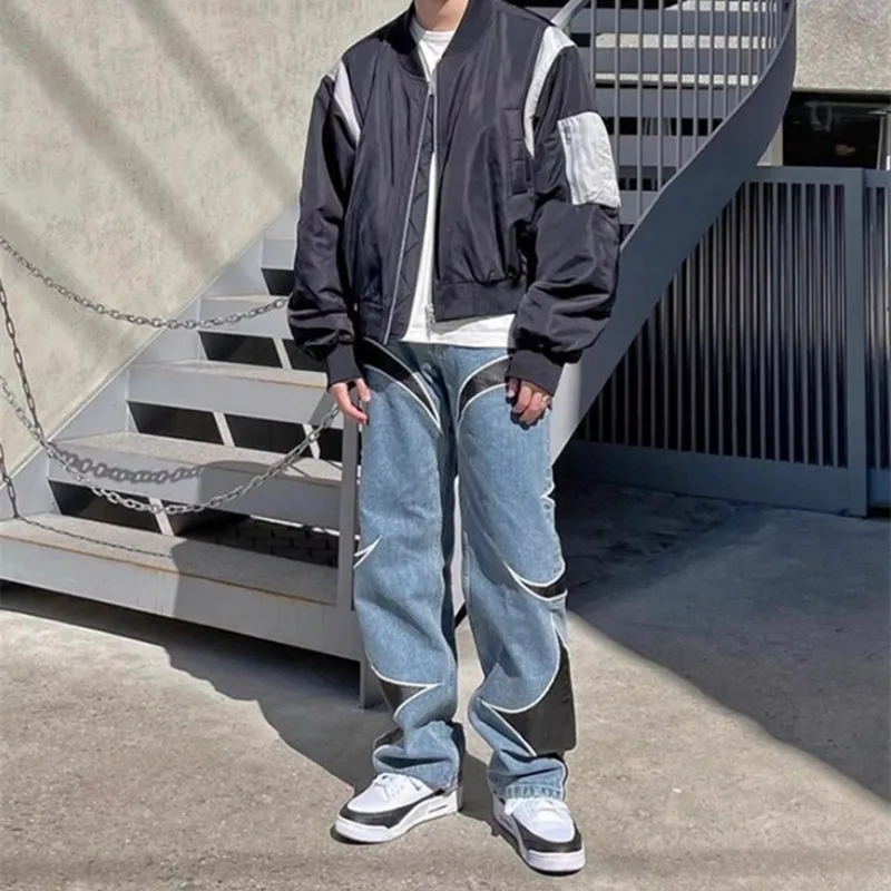 2026 Kanye Y2K PU-Leder Bestickte Baggy Stacked Jeans Hosen für Herren Kleidung Streetwear Damen Denim Hosen Pantalon Homme – Detail 11