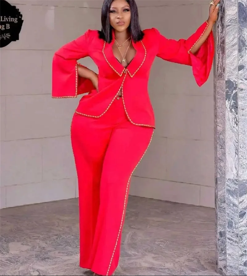 

Red Beaded Women Suit Pants Set 2 Piece Split Blazer+Trousers Formal Office Lady Jacket Wedding Tuxedo Customized Cotton Coat