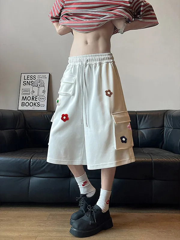 

White Floral Embroidery Workwear Shorts Men's Summer Straight Loose Seven-Foot Wide Leg Pants Multi-Pocket Design Casual Shorts