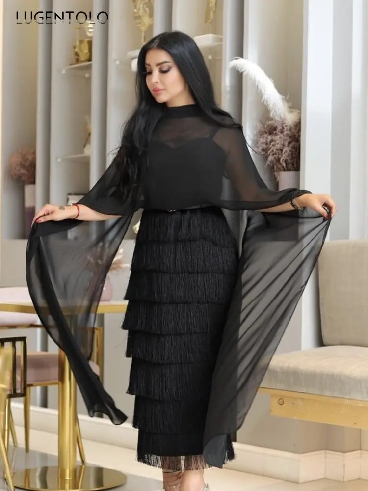 Lugentolo Women Party Tassel Dress Temperament High Waist Sexy Perspective Cloak Lady Slim Banquet Elegant Black Middle East