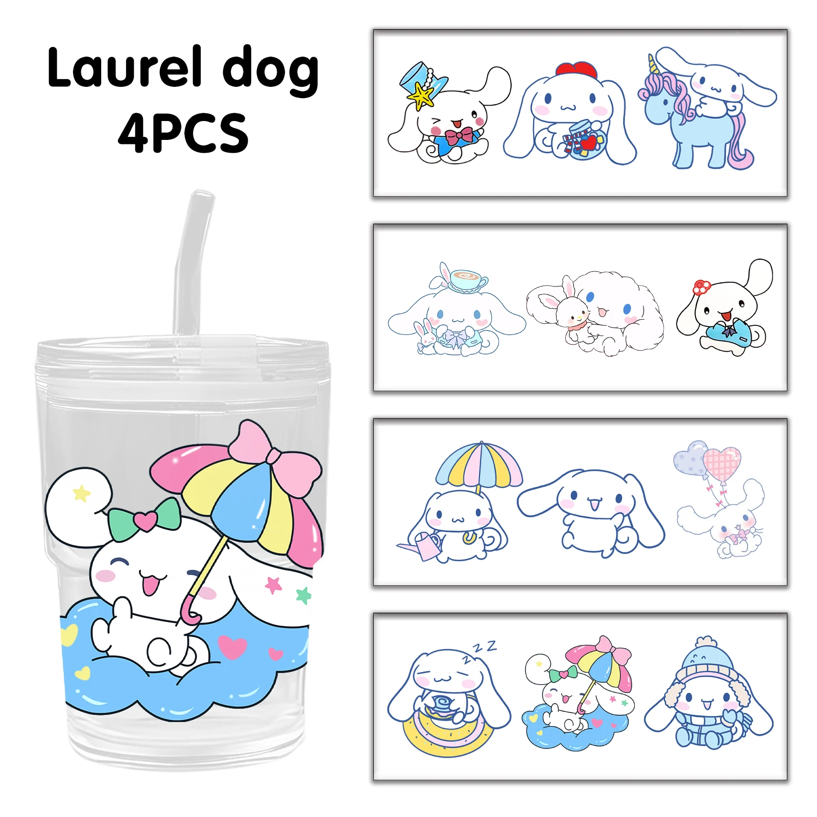 Cinnamoroll 4PCS 16OZ UV DTF Cup Wraps Bottle Sticker for Glass Libbey Can Bottle Selfadhesive Washable Waterproof DIY Custom