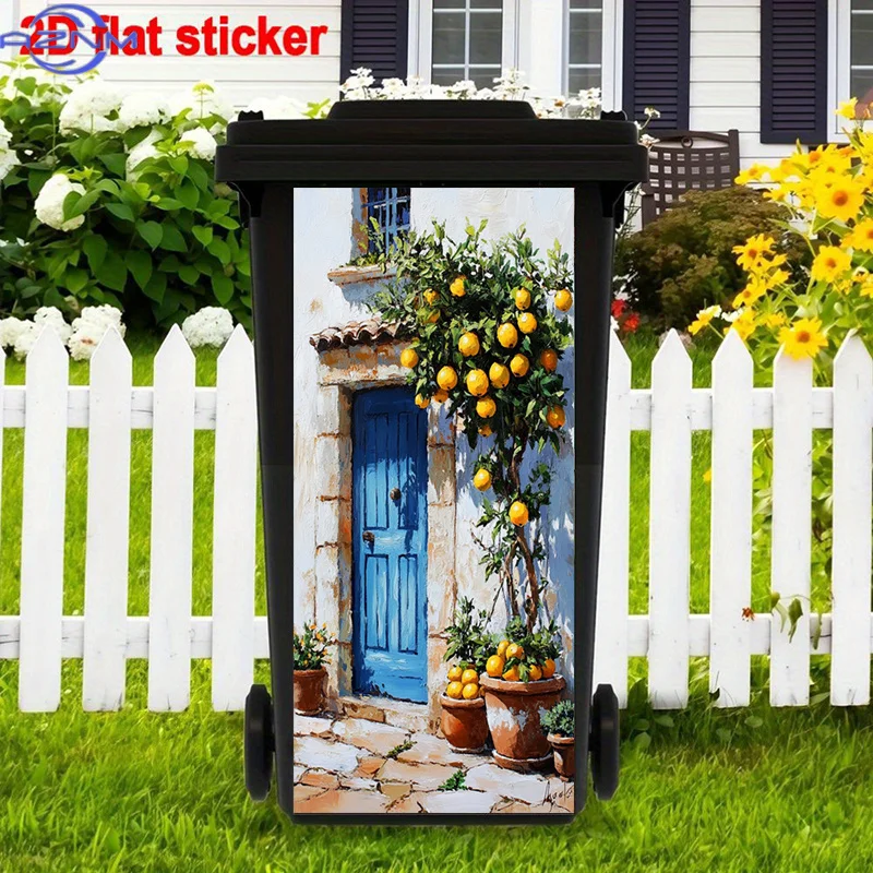 Vibrant Blue Door Trash Can Stickers | Rustic Stone Wall, Fruitful Orange Tree, Terracotta Pots Decals, High-Glossy Polyvinyl,