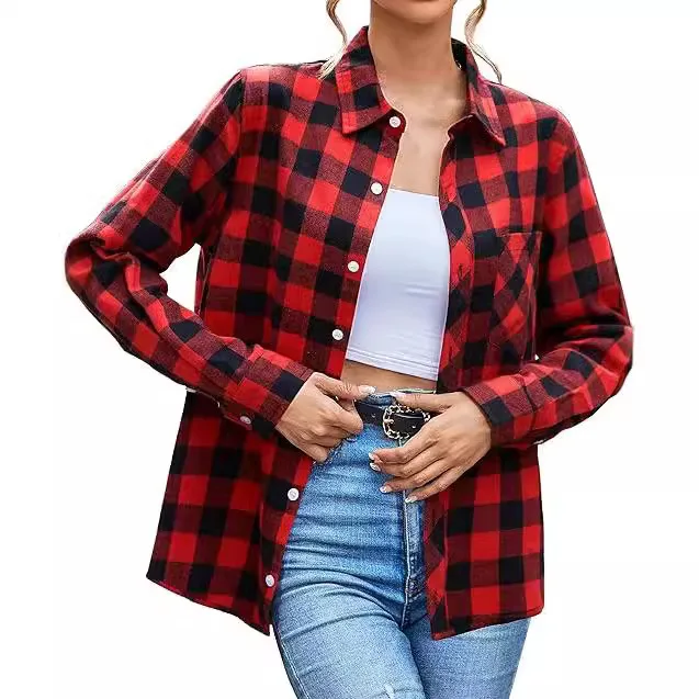 

2024 Women's Autumn and Winter New Foreign Trade College Style Sub Shirt European and American Women's Lapel Long Sleeve Plaid