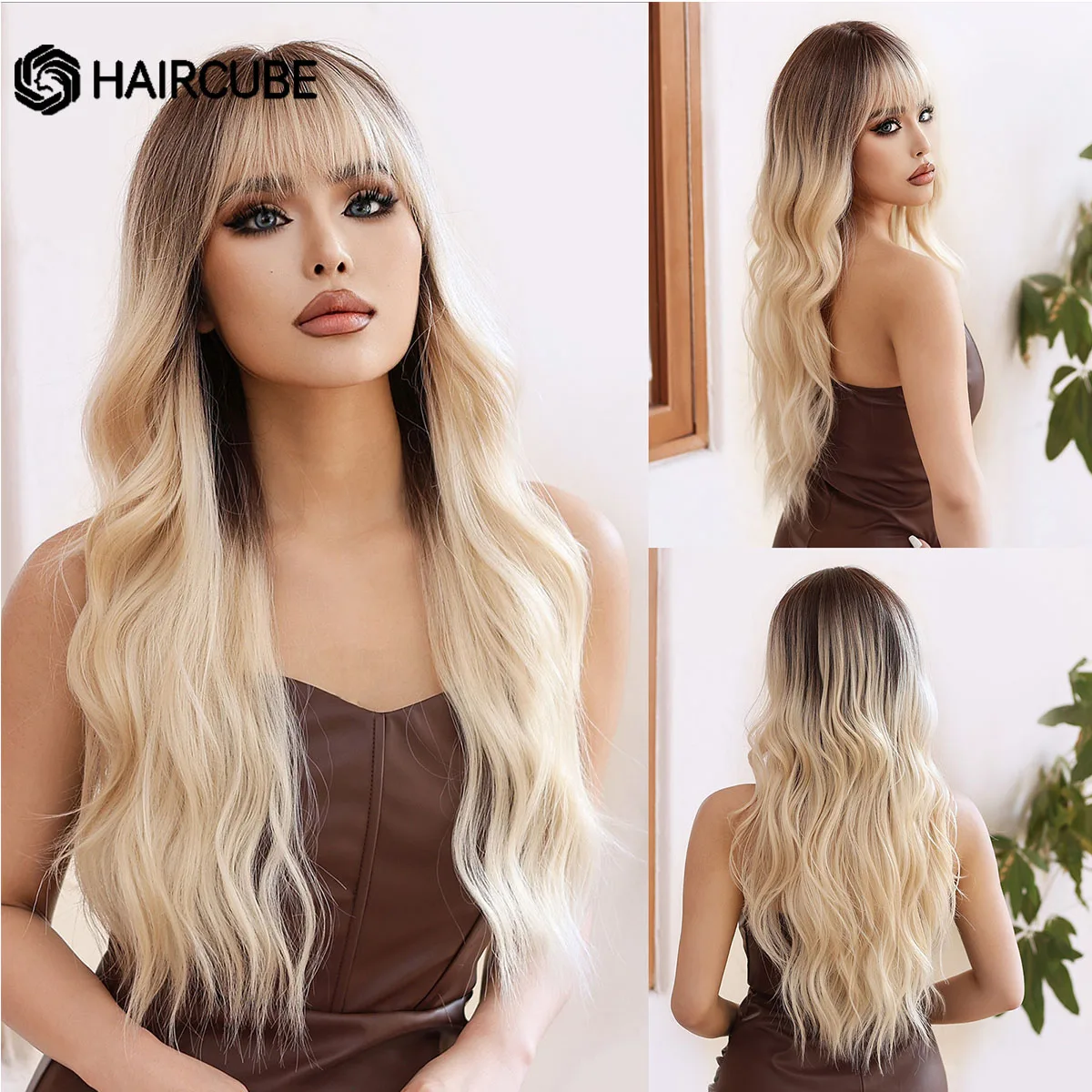 HAIRCUBE Long Wavy Blonde Synthetic Wig With Dark Roots Natural Hair with Bangs for Women Heat Resistant Daily Use Cosplay Wig