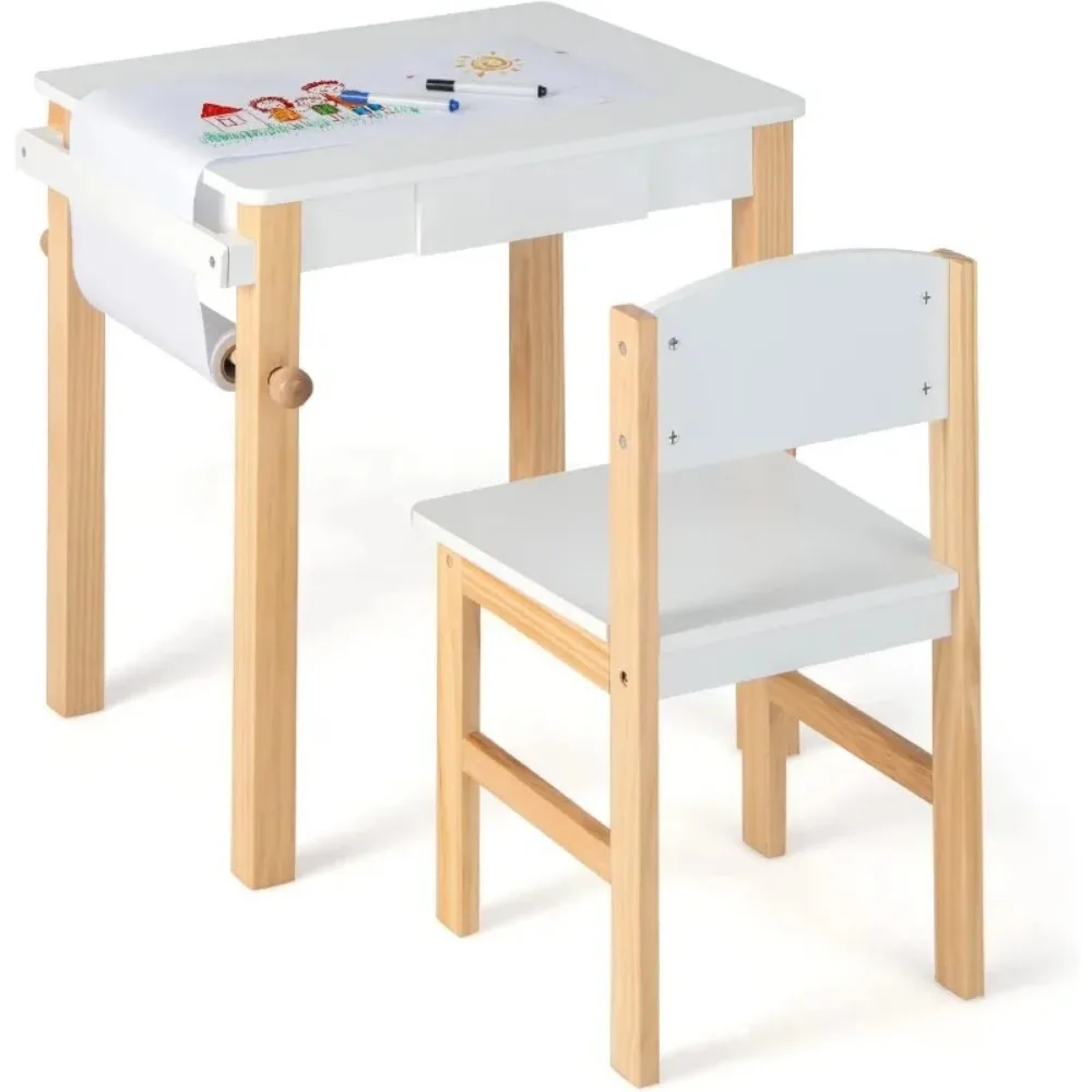 

Kids Table and Chair Set, Toddler Study Desk w/Paper Roll, Drawer, 2 Marker Pens, Wooden Activity Table Set for Playroom