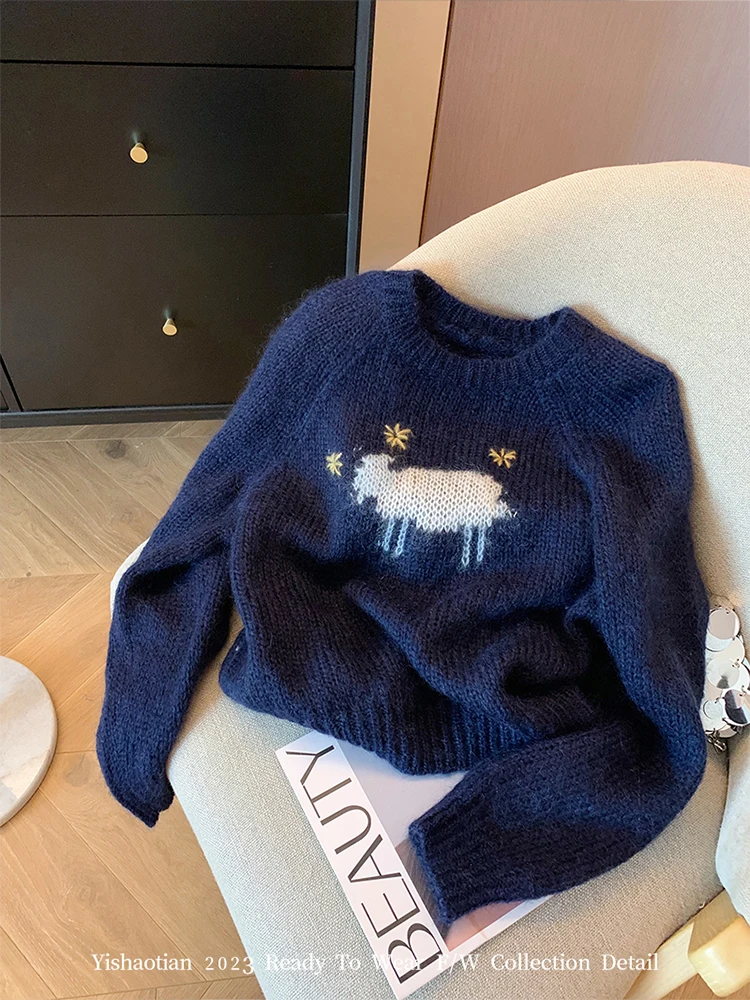 Pull à manches longues avec broderie d\'animaux de dessin animé, pull rétro américain, col rond, confortable, esthétique des années 2000, automne et