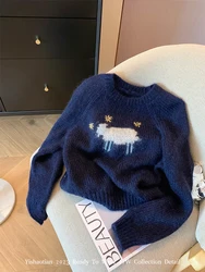 Americano retrò autunno inverno o-collo cartone animato animale ricamo maglieria maglione manica lunga accogliente pullover lavorato a maglia anni 2000 estetica