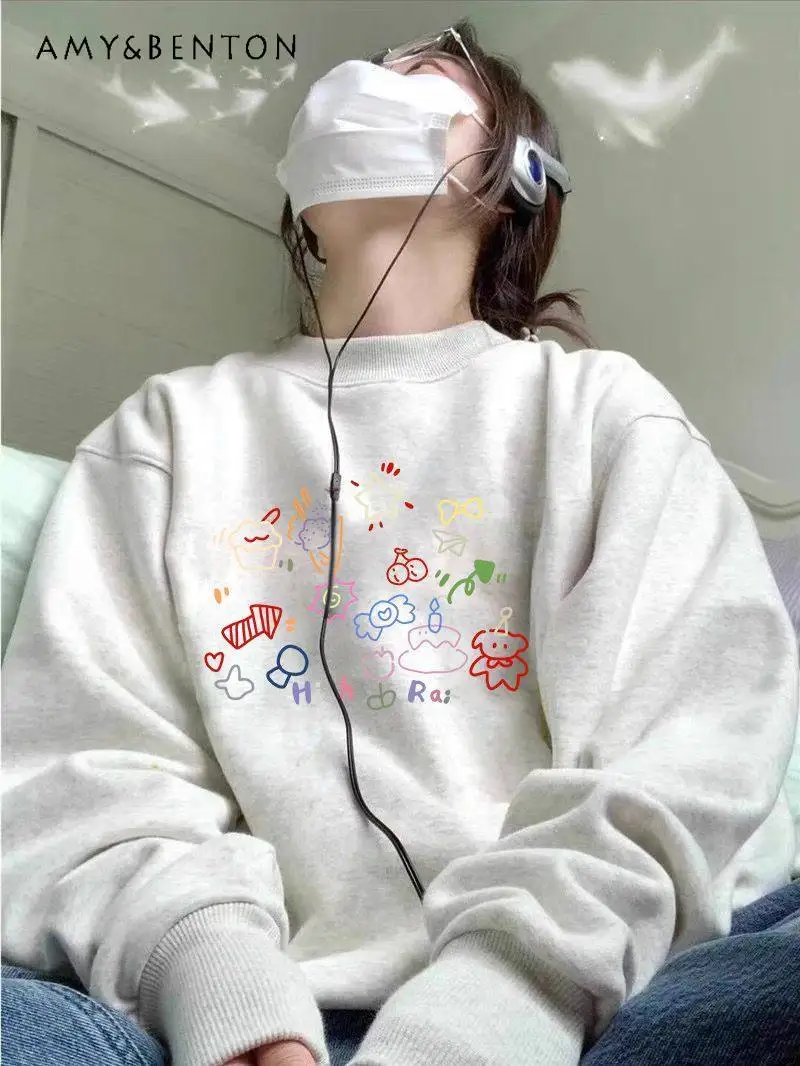

Spring and Autumn White Gray Cartoon Print Round Neck Sweatshirt Women's Fleece Lined Thick Loose Casual Sweatshirt