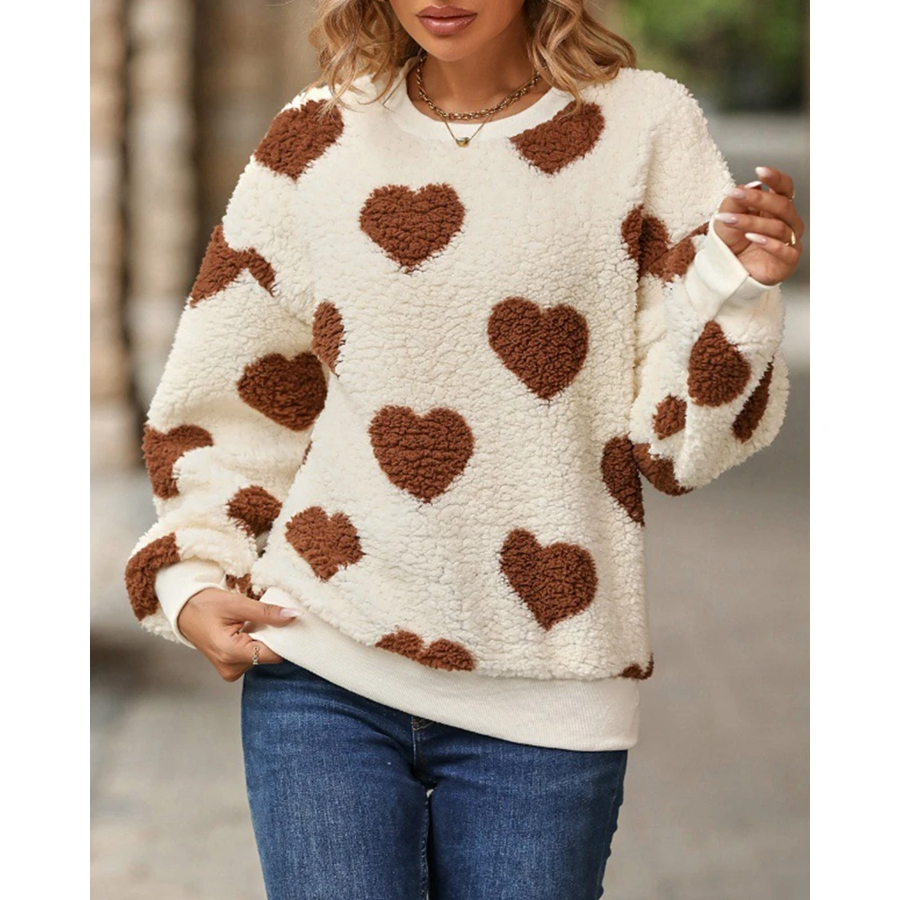 Elegant Women Heart Print Long Sleeve Casual Fluffy Sweatshirt Autumn Fashion Round Neck Top