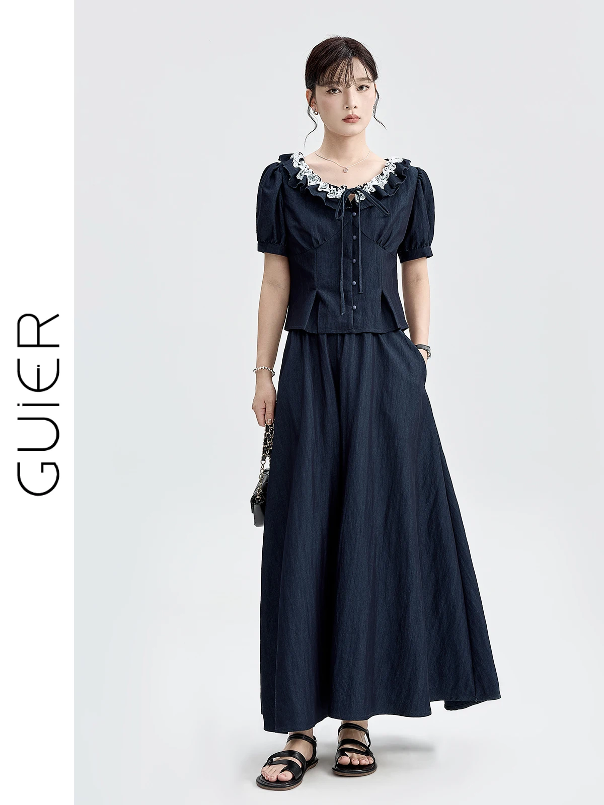 

Guier Lace Splice Bubble Sve irt Women's ort Sve Summer New Sle French Sle Loose Fit round Ne Top