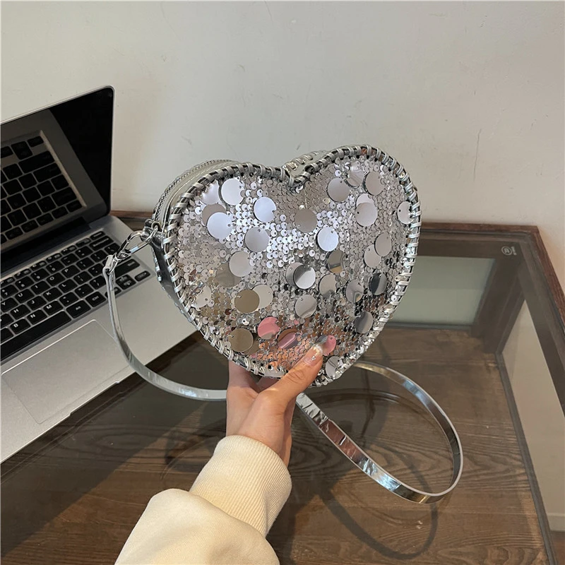 Gold Sequin Heart Shape Crossbody Bag Women Evening Party Clutch Purse Fashion Sparkly Shoulder Handbag With Adjustable Strap