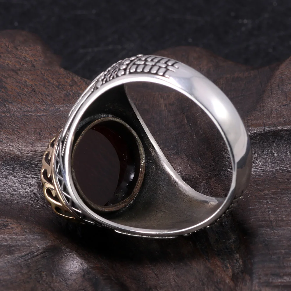 Real Pure 925 Silver Rings Cool Retro Luxury Big Turkish Rings For Men With Green Red Tiger Eyes Stones Vintage Turkey Jewelry