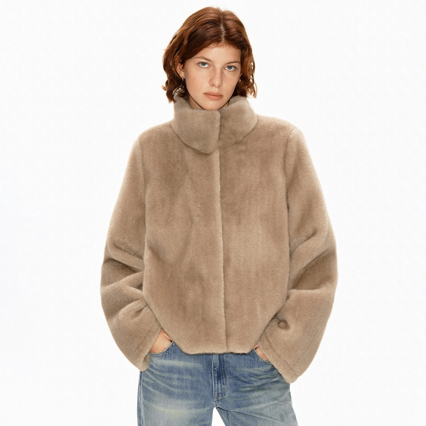 2026 Women's Fur Standing Collar Synthetic Fur Short Coat, Concealed Fastener, Simple Design, Warm Winter Outerwear