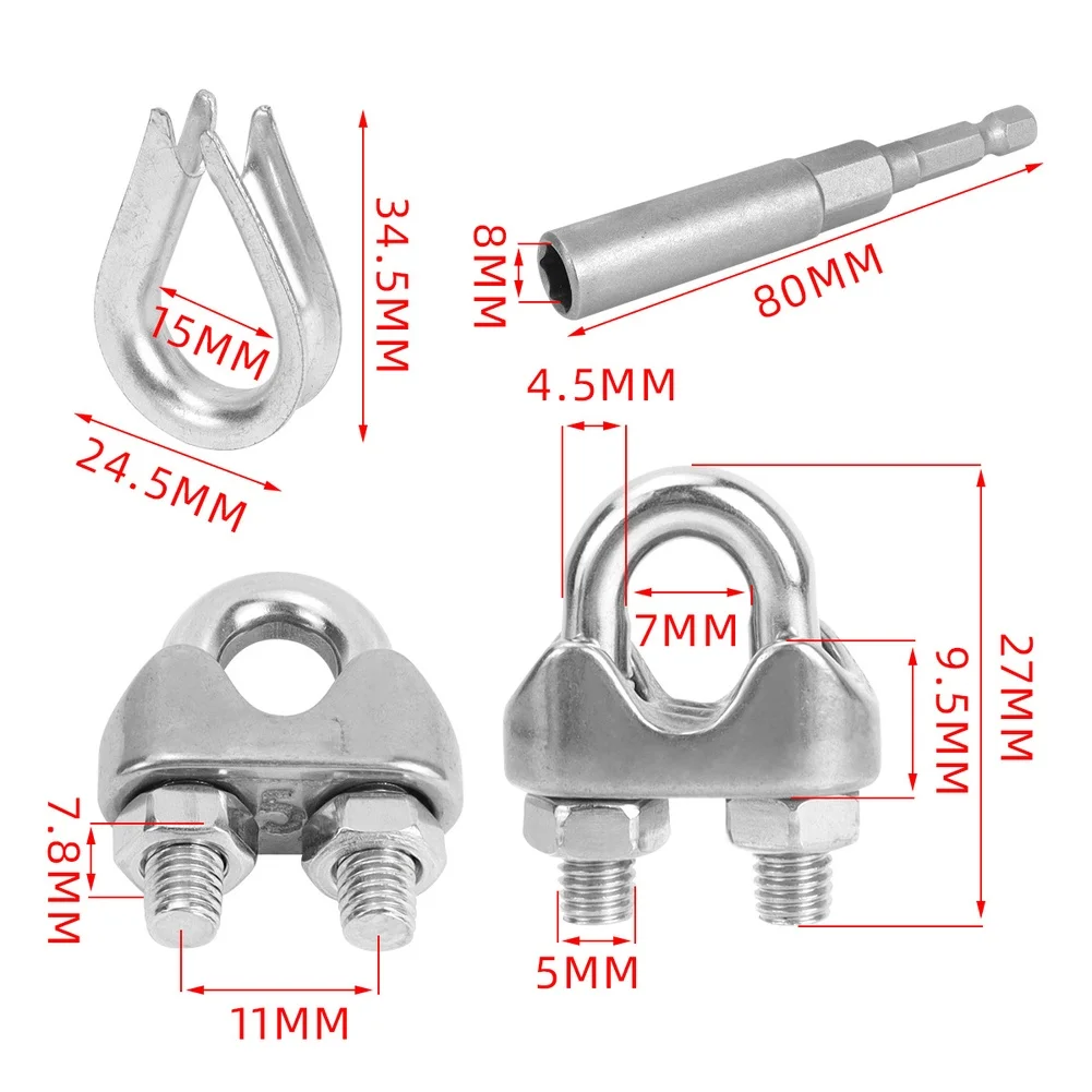 Wire Rope Clamp Kit M5 8PCS 304 Stainless Steel with 4 Thimbles 3/16 and Hex Wrench for Safety Lines Tent Ropes