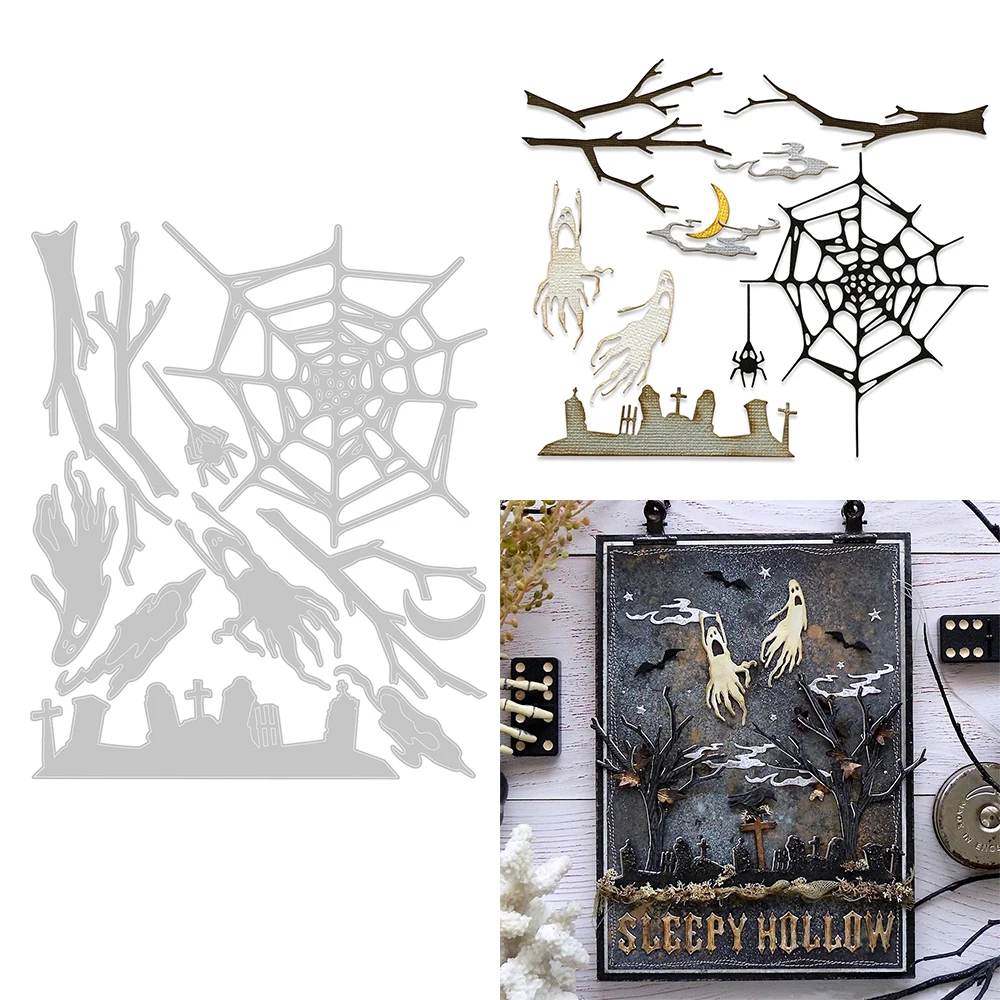 

Spidernet Ghost Grave Night View Metal Cutting Dies for DIY Scrapbooking Halloween Theme Paper Card Crafting Making Template