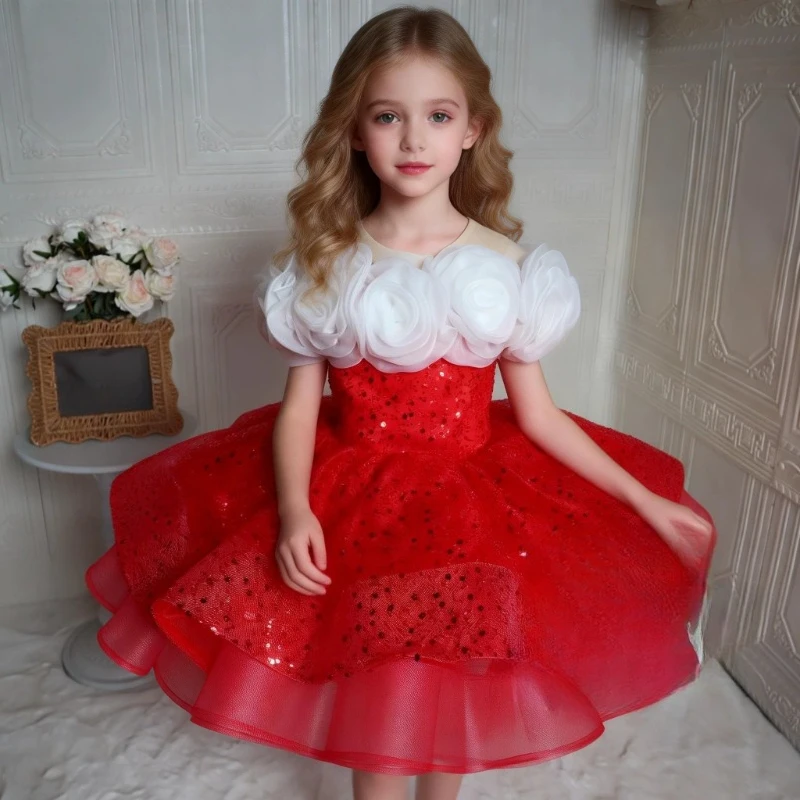 Gown Sequin Tutu Dress Kids Celebration Performance Flower Girl Wedding Birthday PartyGirls Puff Sleeve Flower Formal Princess