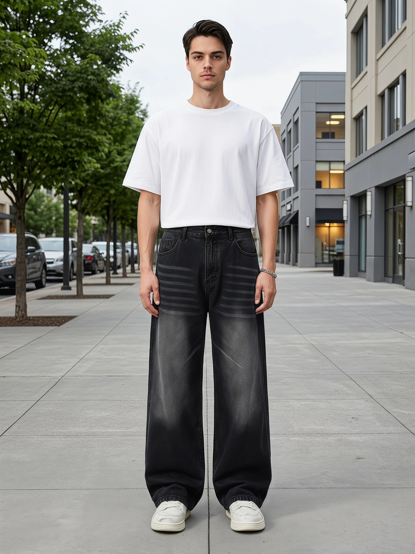 

Men's Black Washed Baggy Jeans, Non-Stretch Denim Wide Leg Pants, Casual Loose Streetwear Trousers for All Seasons