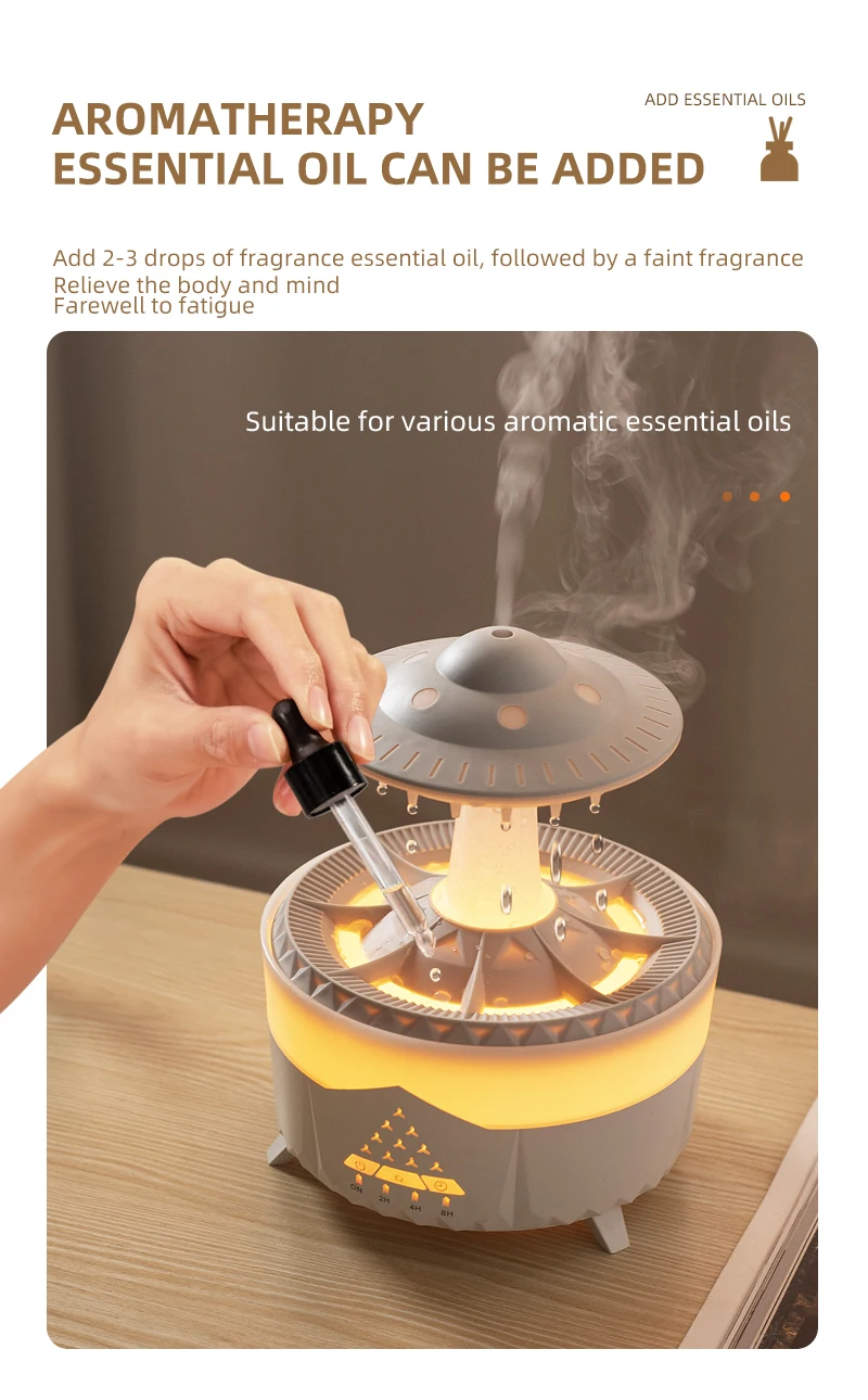 350 ml Aroma Luftbefeuchter Mini USB Fernbedienung Regentropfen Bunte Licht Aromatherapie Zimmer Regen Wolke Aroma Öl Diffusor – Detail 8