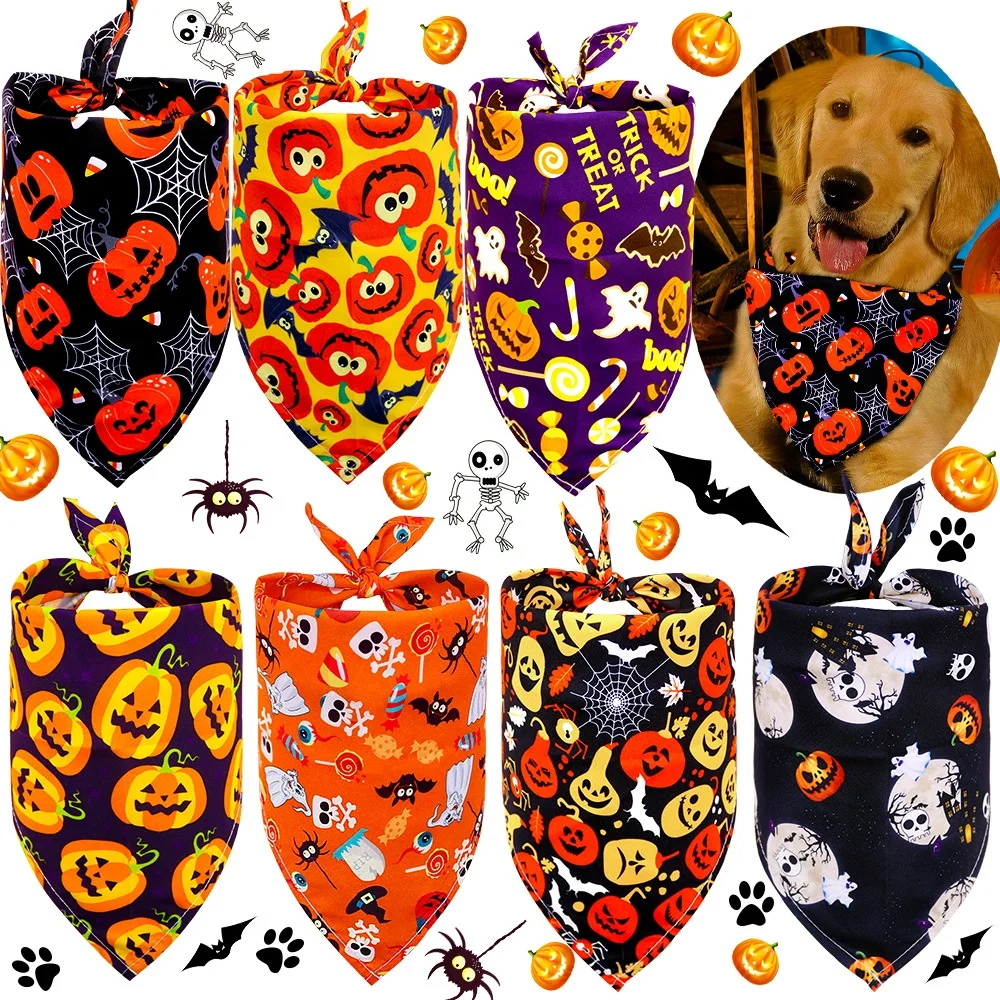 

New Polyester Pet Halloween Decorations Triangle Skull Drool Ghost Pumpkin Scarf for Dogs Cats Cross-Border for Winter