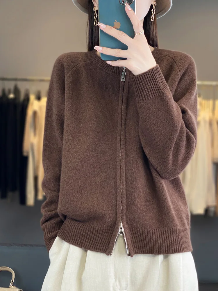 Women O-neck Zippers 100% Merino Wool Cardigan Cashmere Sweater Autumn Winter Knitwear Basic Casual Business Knitwear Tops
