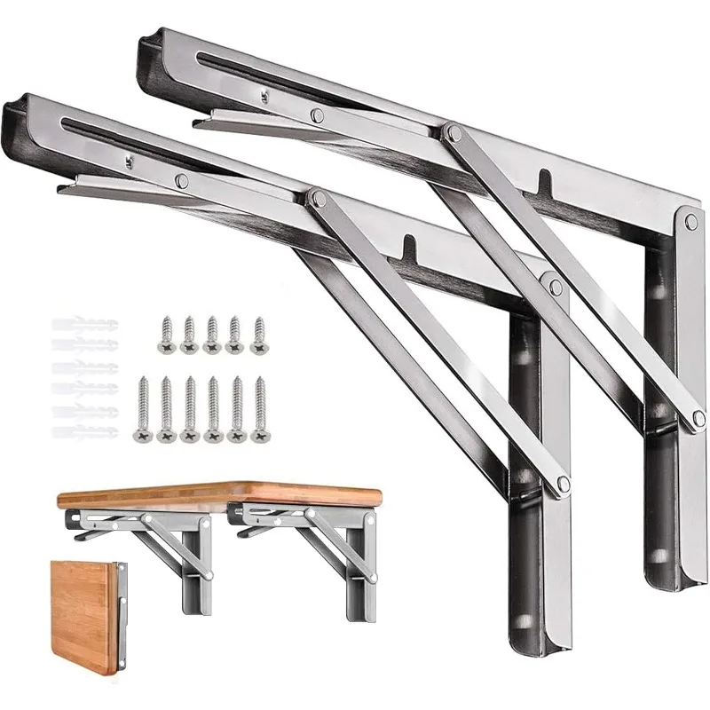 Folding Shelf Brackets Stainless Steel 16 inch 2 Pcs Max Load: 350 lb - Heavy Duty DIY Wall Mounted Collapsible Shelf Bracket