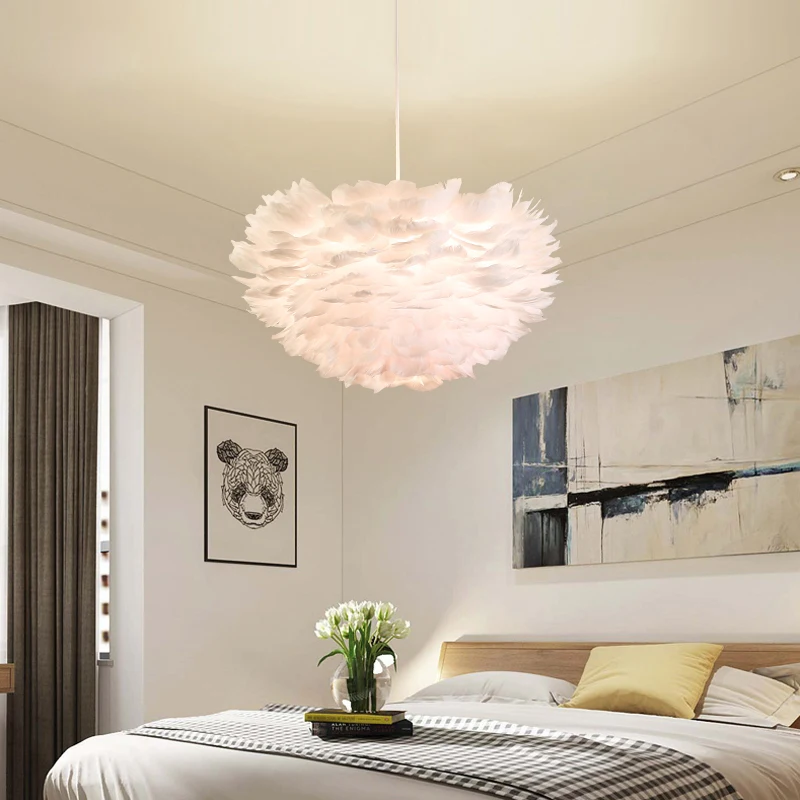 Bedroom chandelier minimalist modern Nordic restaurant lighting, living room headlight, small room girl feather lamp