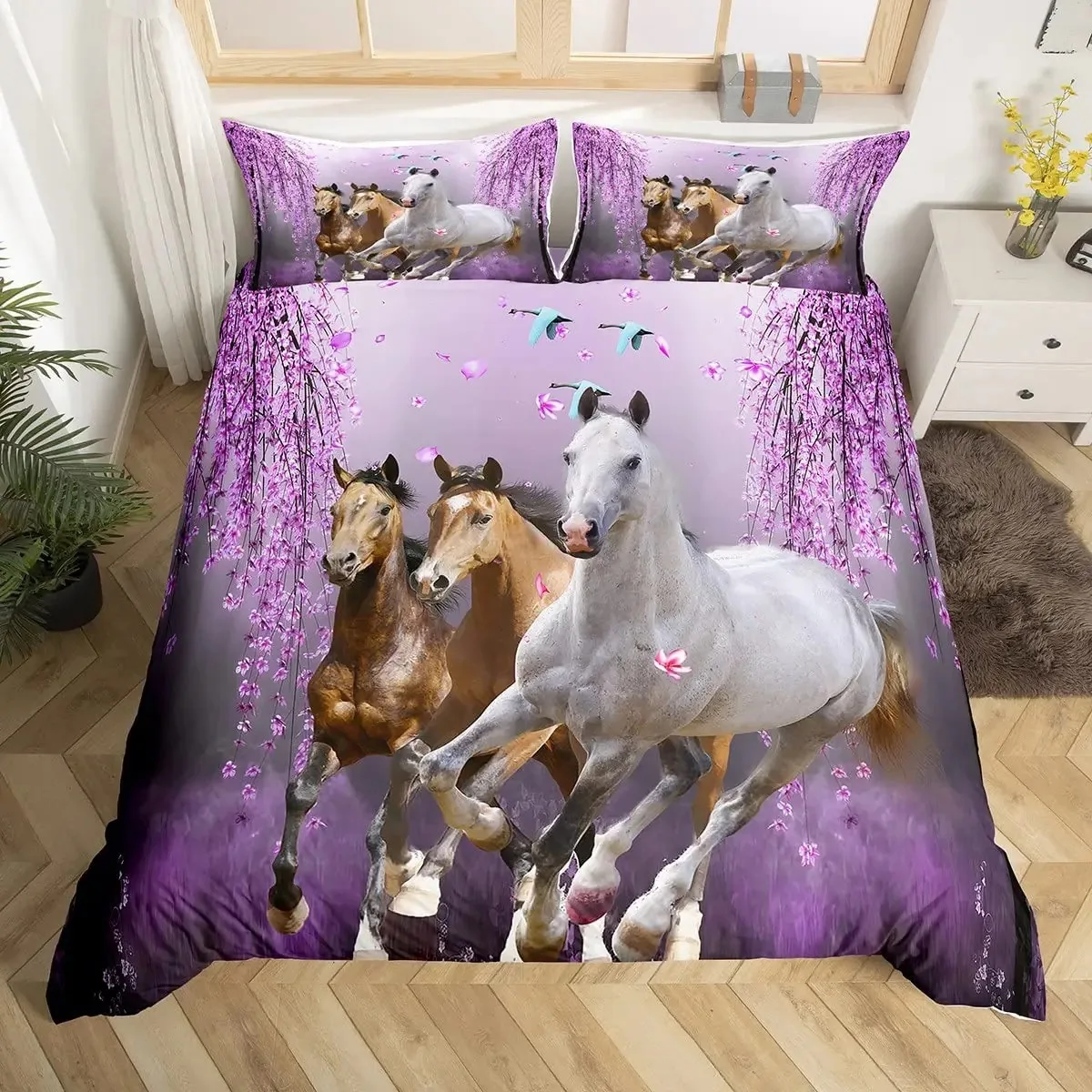 

Horse Duvet Cover Set Cherry Blossom Branches Lavender Purple Bedding Sets Galloping Horse Comforter Cover Quilt Cover