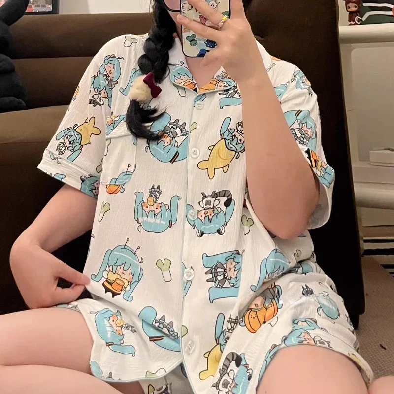 Hatsune Miku Cartoon pigiama da donna Set pigiameria Button Down top pantaloncini pigiama 2 pezzi vestito carino pigiameria Loungewear estate