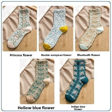 5 أزواج من الجوارب النسائية المزخرفة بالزهور اليابانية العتيقة لمنتصف العجل للخريف والشتاء جوارب عصرية