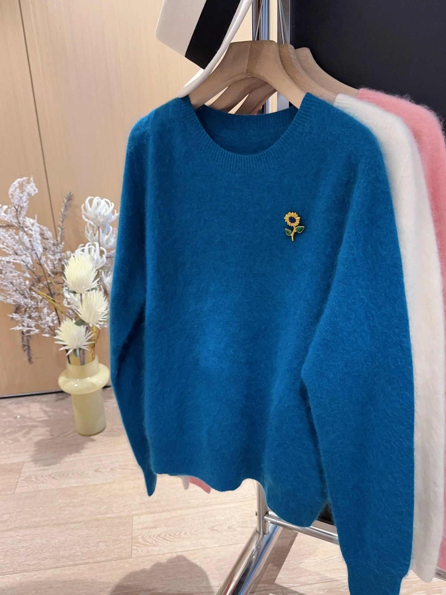Cozy Warm Blue Fce round Ne Wool Knitted Sweater Women's Ele Sle Autumn Winter New Arrival Ultra Soft Long Sve Top