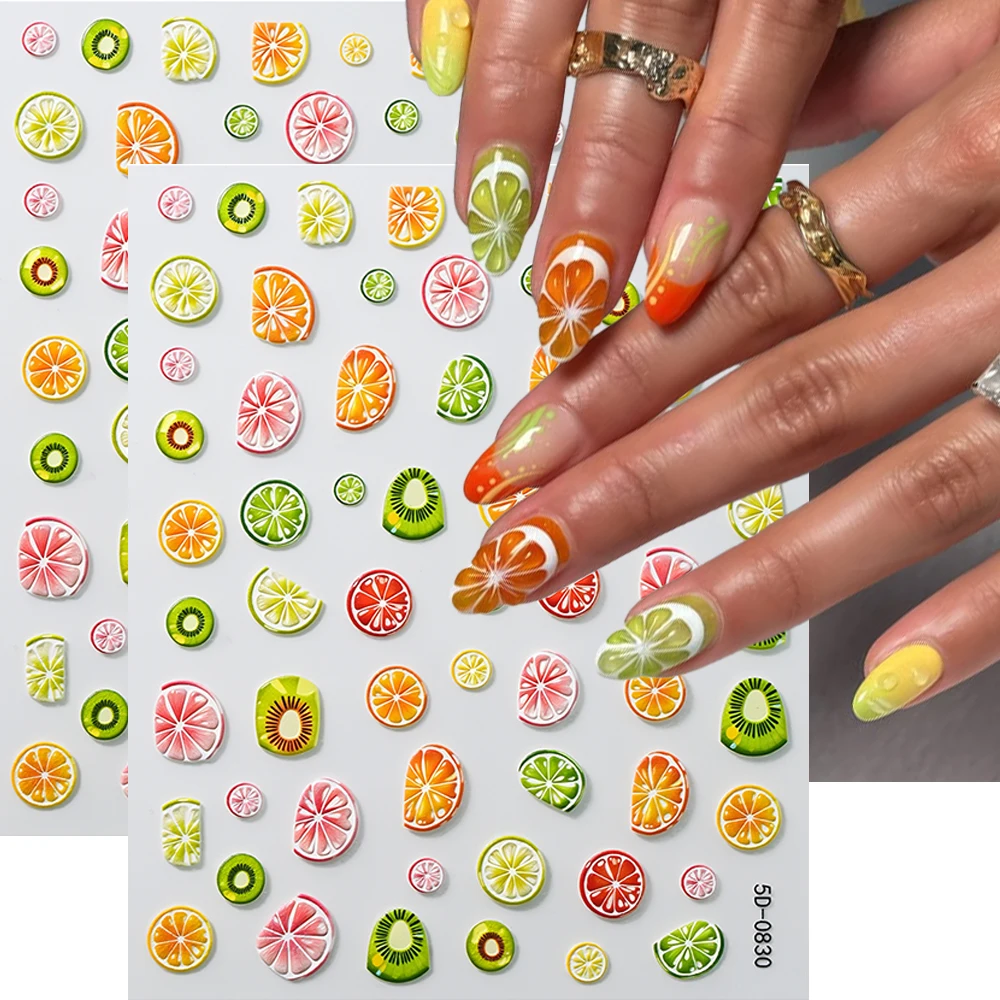 2pcs Orange Lemon Slices Summer Fruit Nail Art Sticker 5D Embossed Lime Kiwi Grapefruit Fresh Nail Decals Self Adhesive Nail Dec
