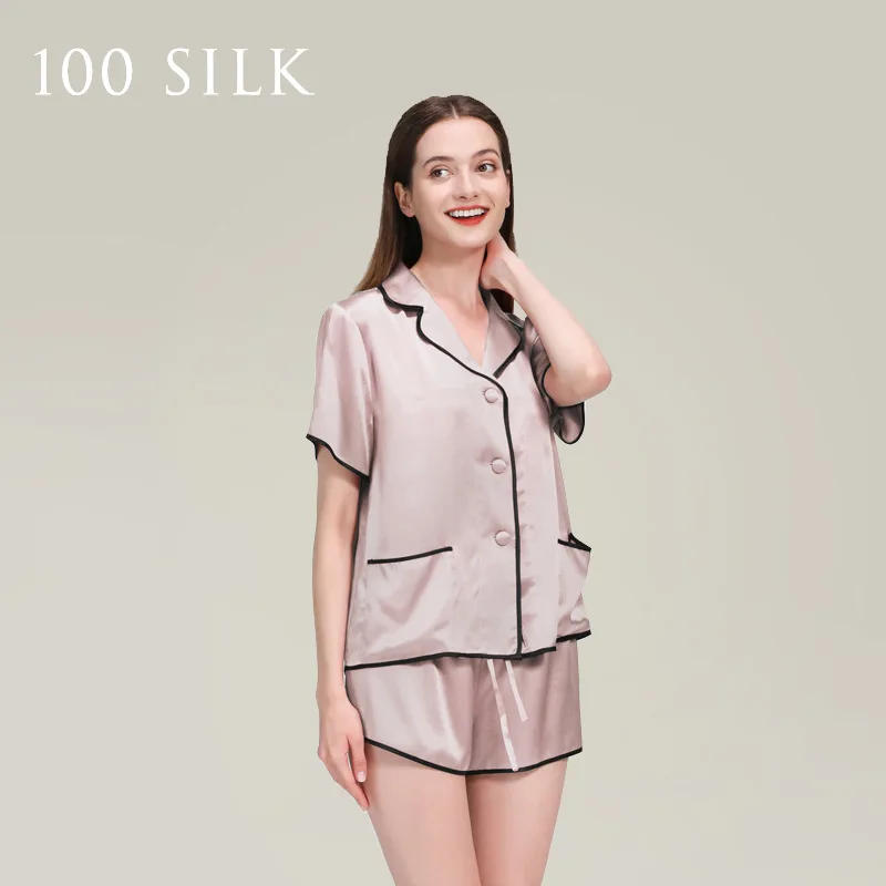 Women's Casual Silk Pajamas Set 100% Mulberry Silk Satin Loungewear French Style Light Luxury 19 Momme Thickness Summer L Size