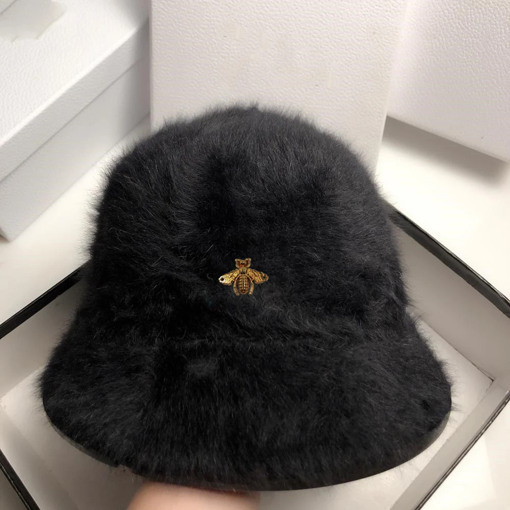 Ladies' Bee Pattern Woolen Fisherman Hat Autumn Winter White Black Rabbit Fur Warm Knit Cap Fashionable Outdoor Winter Hat