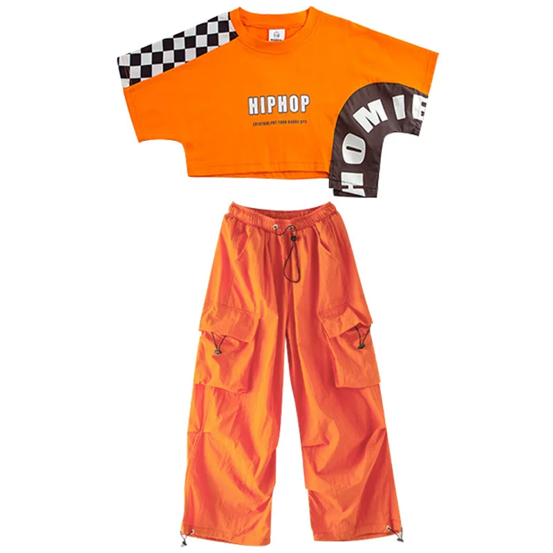 ملابس رقص الجاز للفتيات Kpop البرتقال المحاصيل القمم السراويل الصيف قصيرة الأكمام الهيب هوب ملابس رقص المراهقين أداء وتتسابق