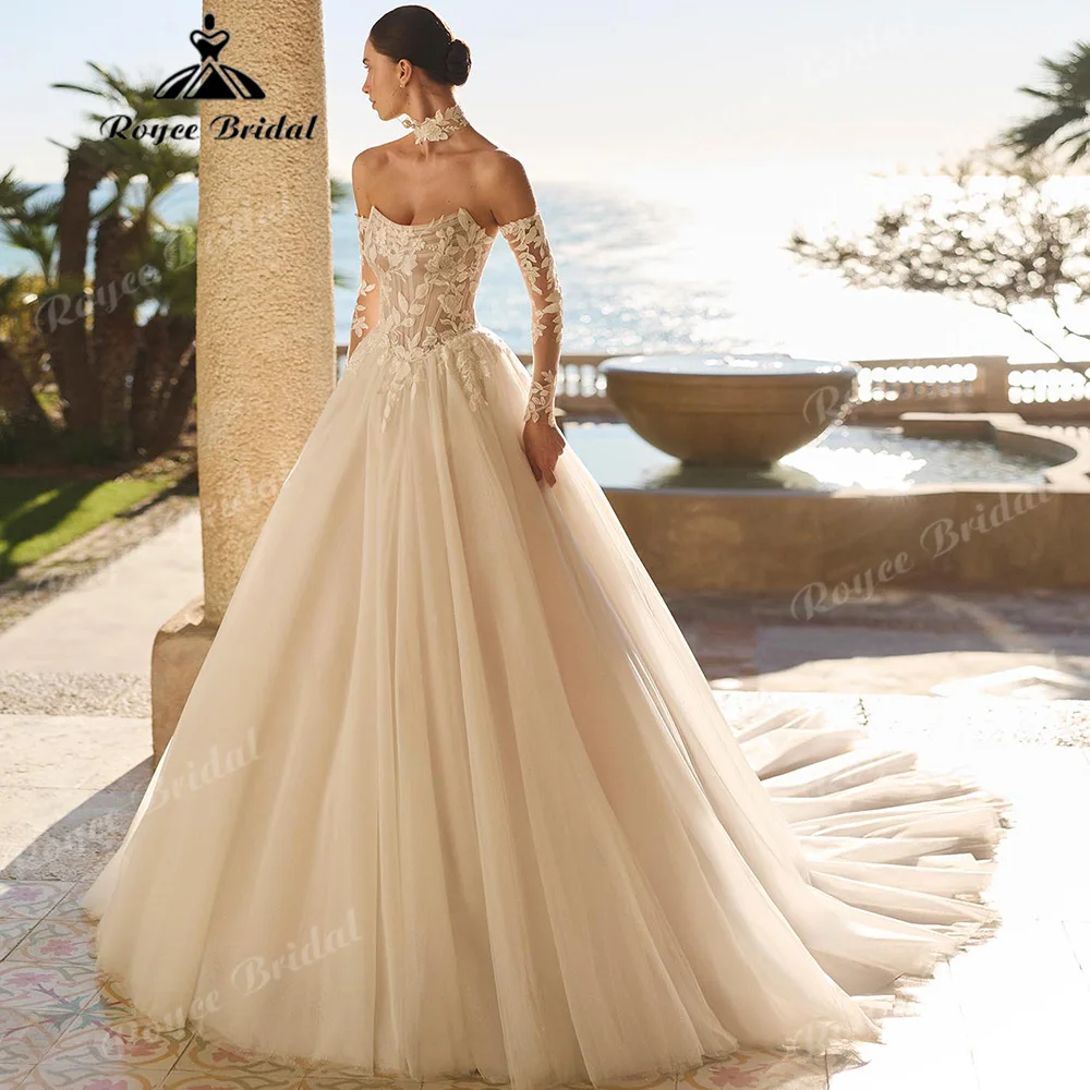 Ball Gown Wedding Dress Straight Strapless Detachable Off Shoulder Long Lace Sleeves 3D Floral Lace Tulle Vestido De Novia Custo