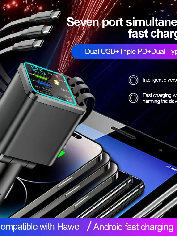 180W Auto-Ladegerät 7-in-1 Schnellladegerät USB Typ C Auto-Ladegerät mit einziehbarem Kabel für Huawei Samsung Universaladapter