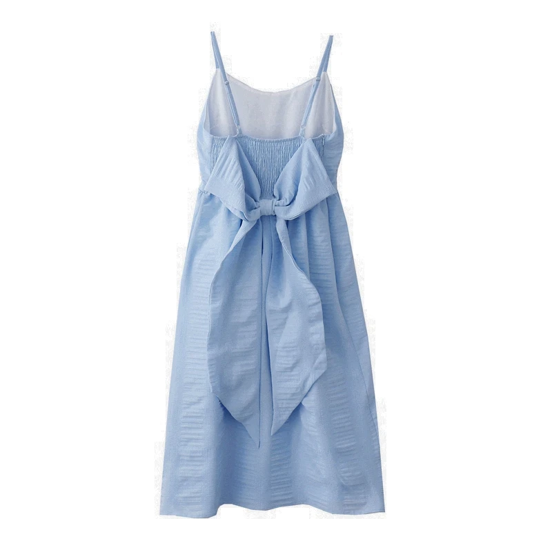 Korean Style Blue Suspender Dress Women Summer Big Bow High Waist Mid Long Sling Dresses Fresh Sweet All-matched Layered Skirt