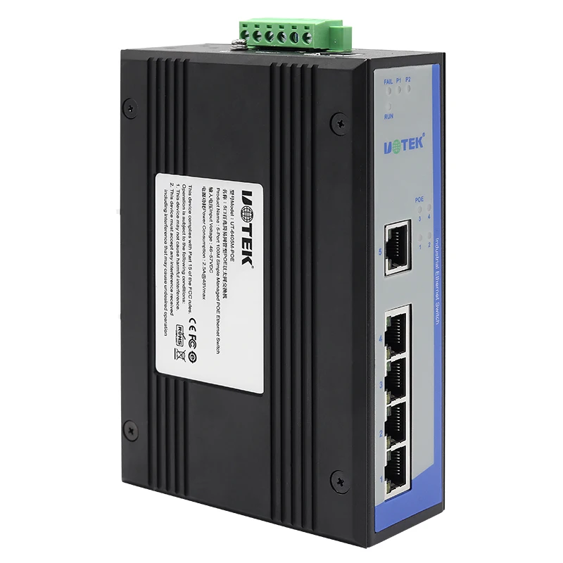 Uotek 5พอร์ต10/100ม. RJ45 2ชั้นสวิตช์อีเธอร์เน็ตแบบมีการจัดการแบบ POE IEEE802.3 DIN-Rail รองรับ UT-6405M-POE มาตรฐาน at/af