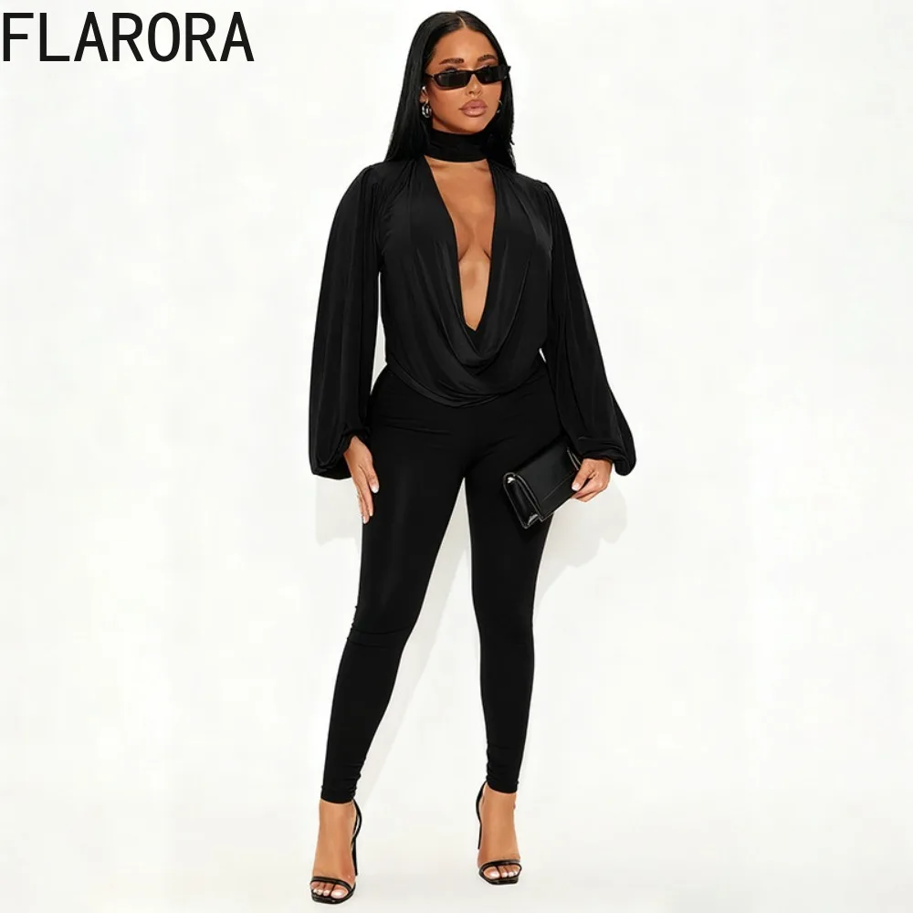 

FLARORA Elegant Halter 2 Pcs Sets Woman Solid Color Deep V Neck Long Sleeve Tops And High Waist Skinny Pants Sexy Party Clubwear