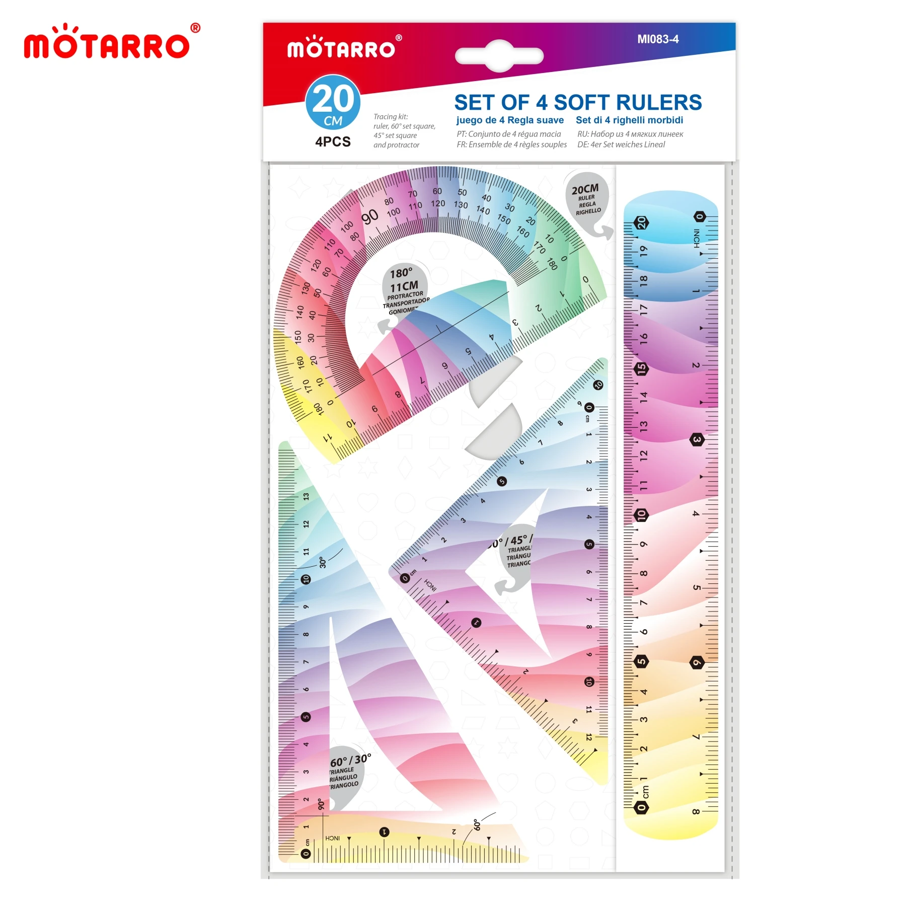 MOTARRO 4 Pcs Ruler Set Soft Plastic Colorful Rainbow Rulers Shatterproof Bendable Flexible Ruler for School & Office Supplies
