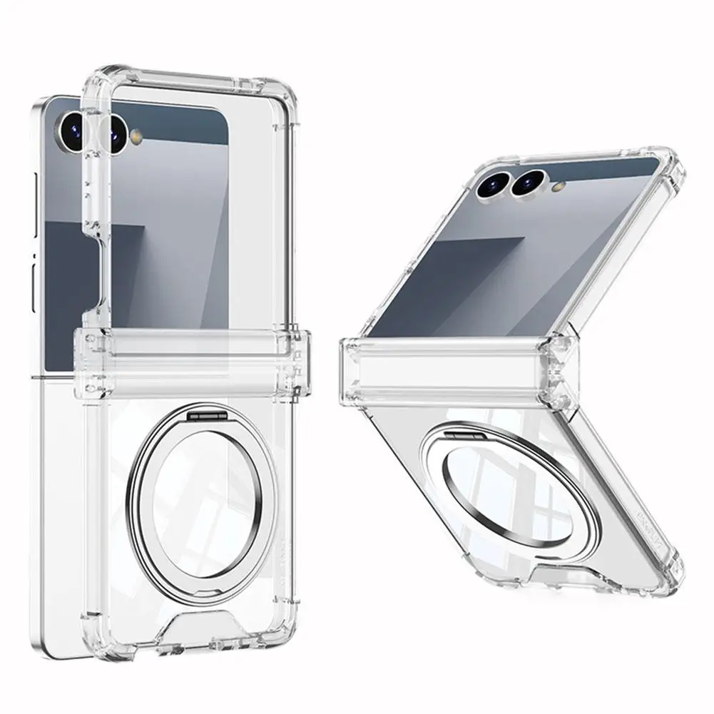 

Для Samsung Galaxy Z Flip 7, прозрачный чехол с четырьмя углами, защита от падения, складной шарнир, жесткий чехол, магнитный вращающийся держатель с кольцом