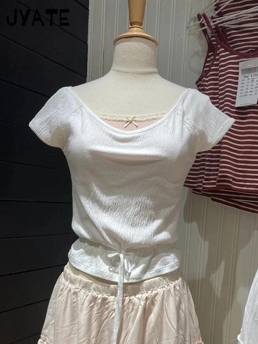 Witte Plooien V-hals Trekkoord Slanke T-shirts Vrouwen Zomer Nieuwe Katoenen Casual Korte Mouw Tees Zoete Leuke Vintage T-shirt Y2K Top