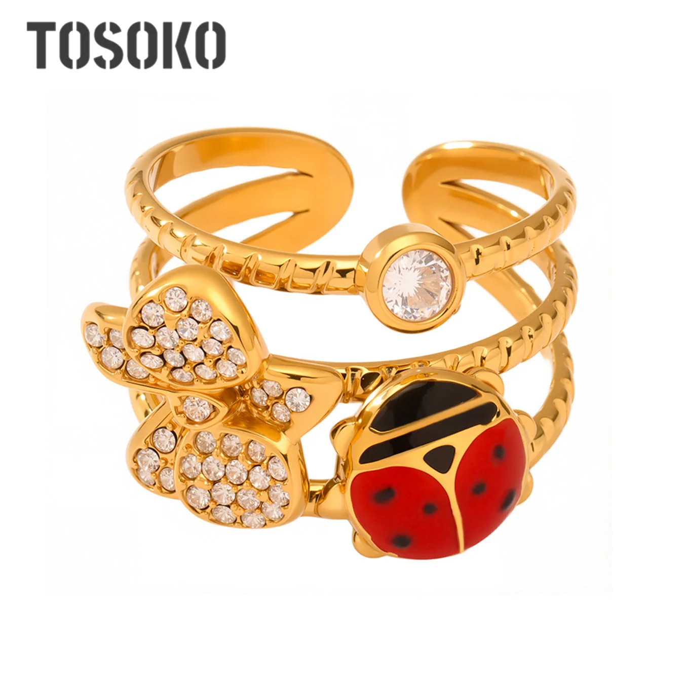 TOSOKO Stainless Steel Jewelry With Zrcon Inlay Cute Ladybug Strawberry Ring Open Ring Fashionable Accessory A754