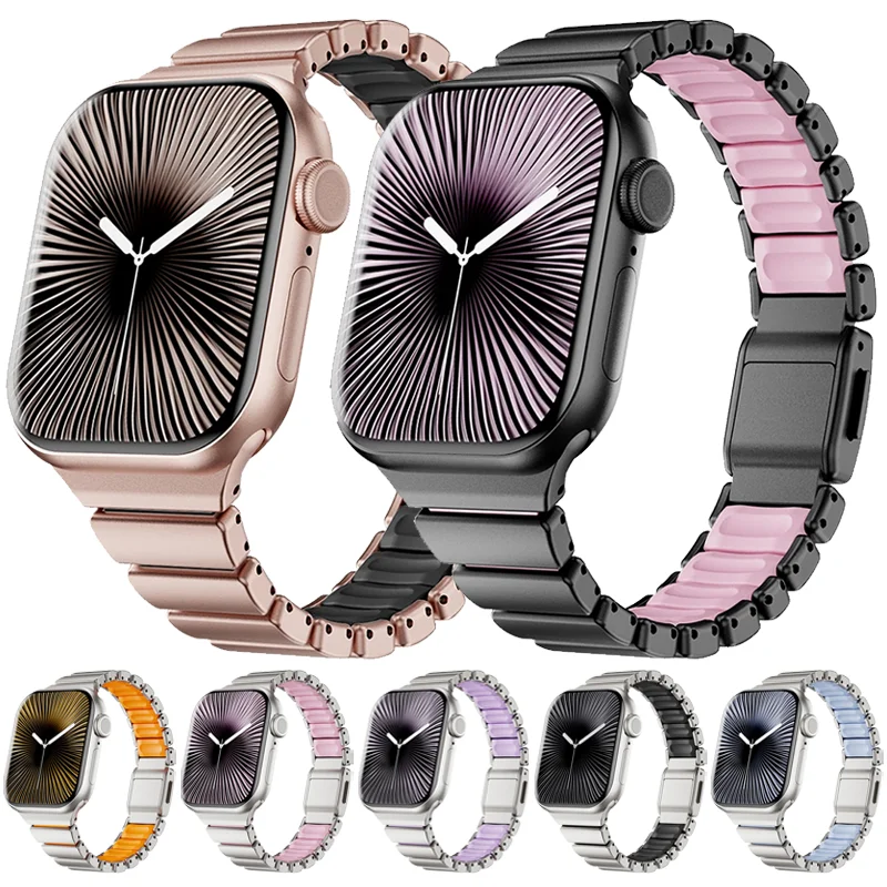 Magnetisches Edelstahl-Gummiarmband für Apple Watch Series 11 10 42mm 9 8 7 6 5 4 Se3 3 2 1 38mm 41mm 40mm Ersatzband