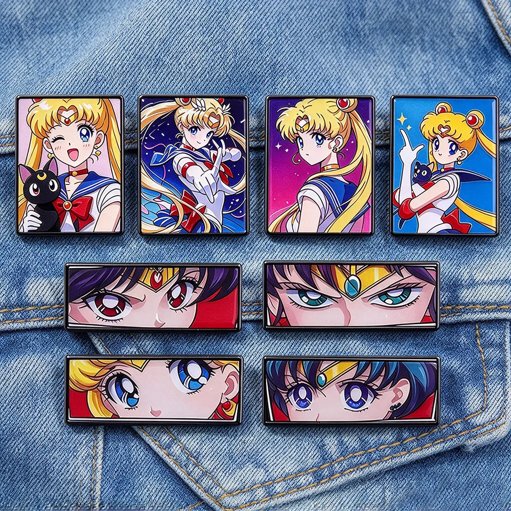 4/8Pcs Cute Magic Girl's Enamel Pins Set Anime Character Brooch Cartoon Tsukino Usagi Luna Cat Lapel Badge Backpack Jewelry Gift