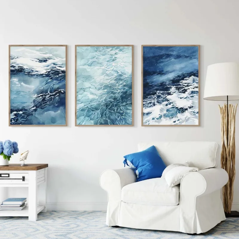Vintage Navy Blue Watercolor Ocean Coastal Ocean Wave Sea Art Poster Canvas Painting Wall Prints Picture Living Room Home Decor